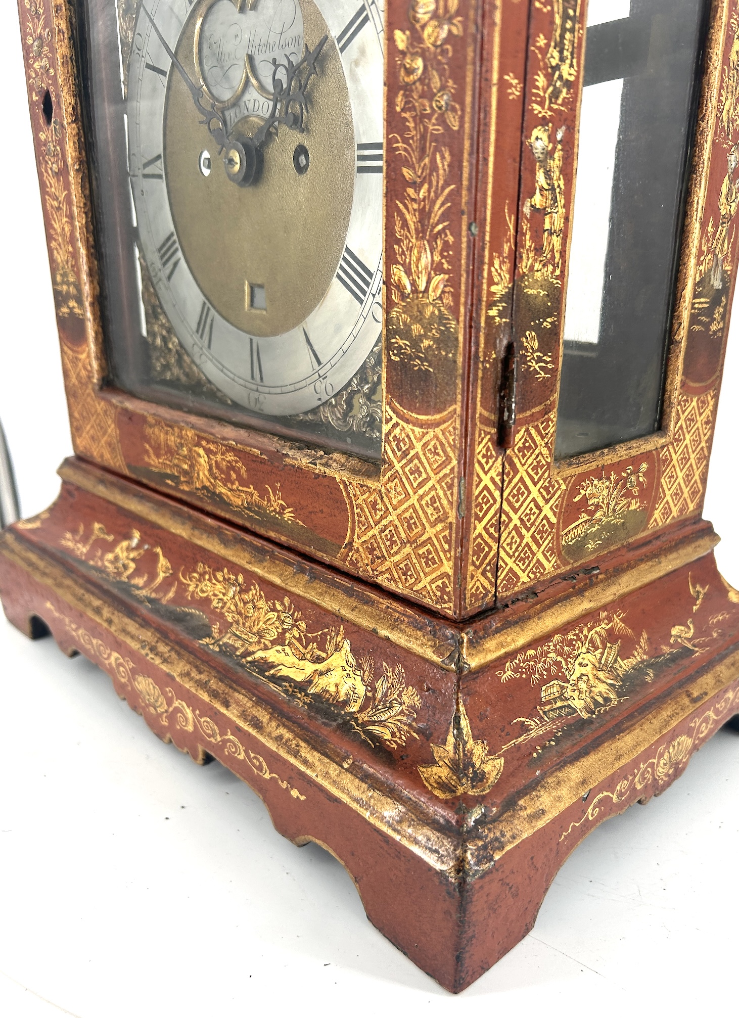 Outstanding Red Chinoiserie English Verge Twin Fusee Bracket Clock – Ca 1760 twin fusee Antique Clocks 24